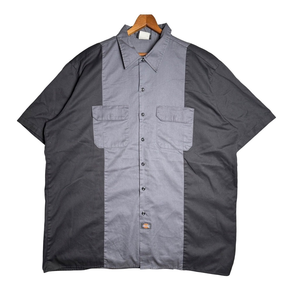 Dickies Mens Gray Black Colorblock Short Sleeve Work Shirt Button Up XXL